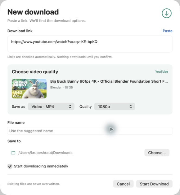 TurboPull inspecting the public Big Buck Bunny video and offering MP4 with 1080p selected.